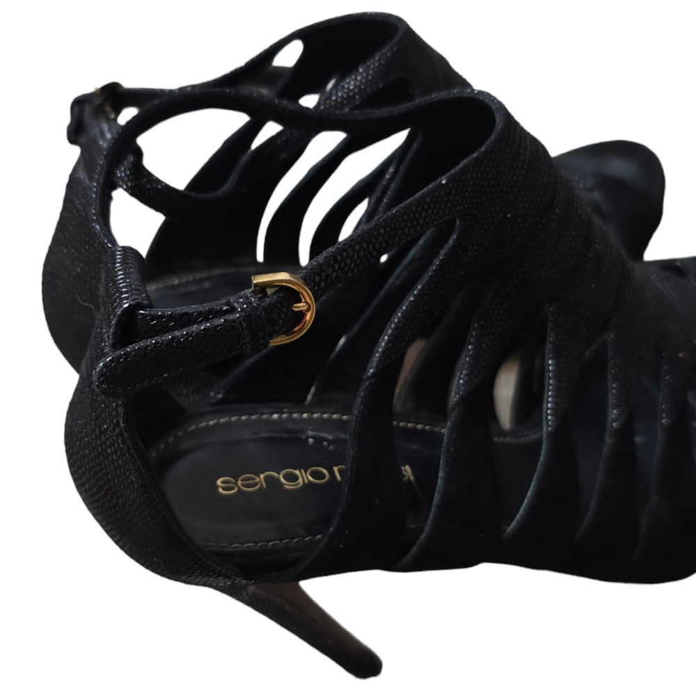 Sergio Rossi Caged Open Toe Sandal Bootie Heels Black Leather Designer 37 - Picture 6 of 9